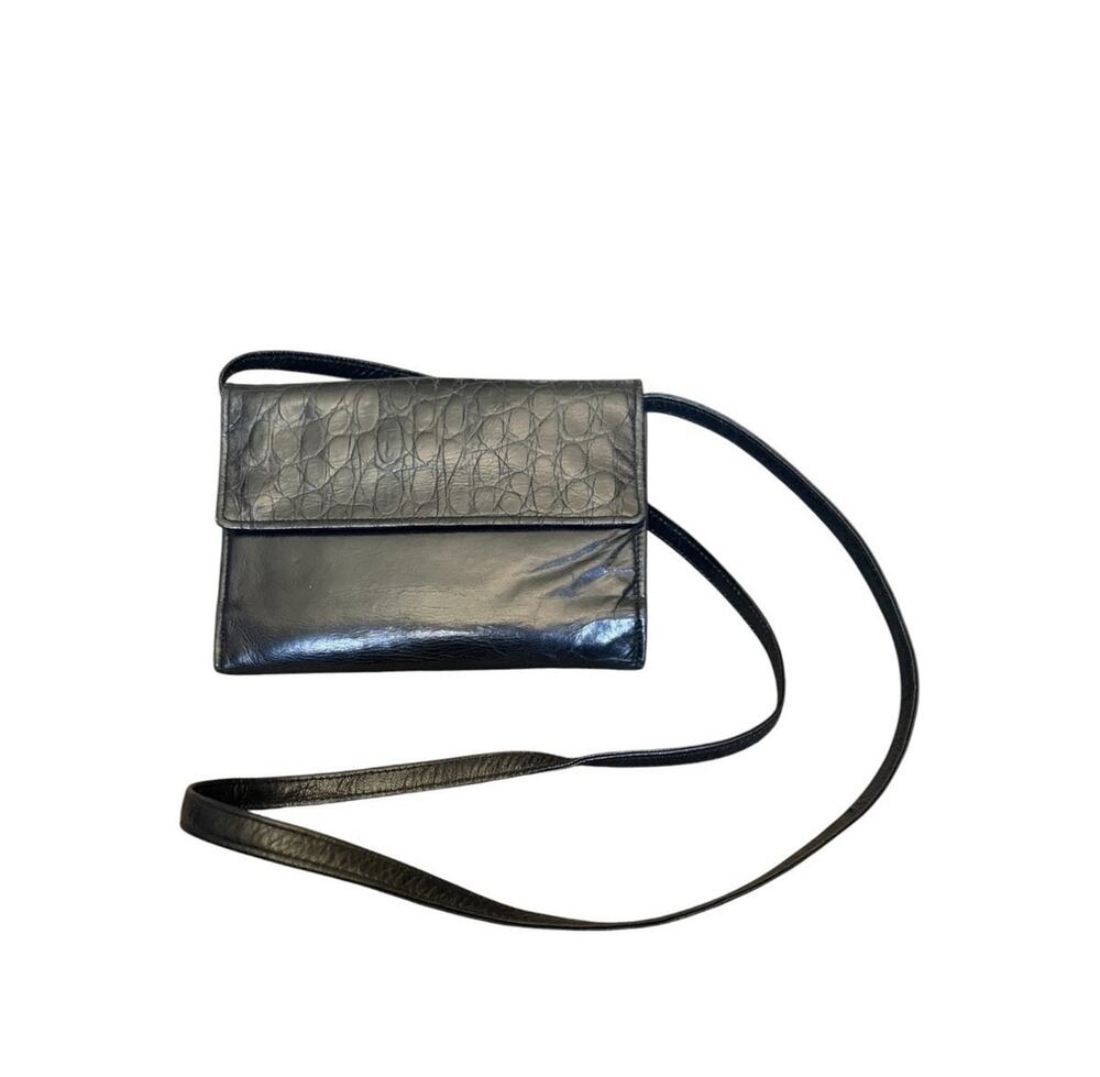 Tusk Black Leather Crossbody Bag Croc Embossed Flap Convertible Clutch Purse